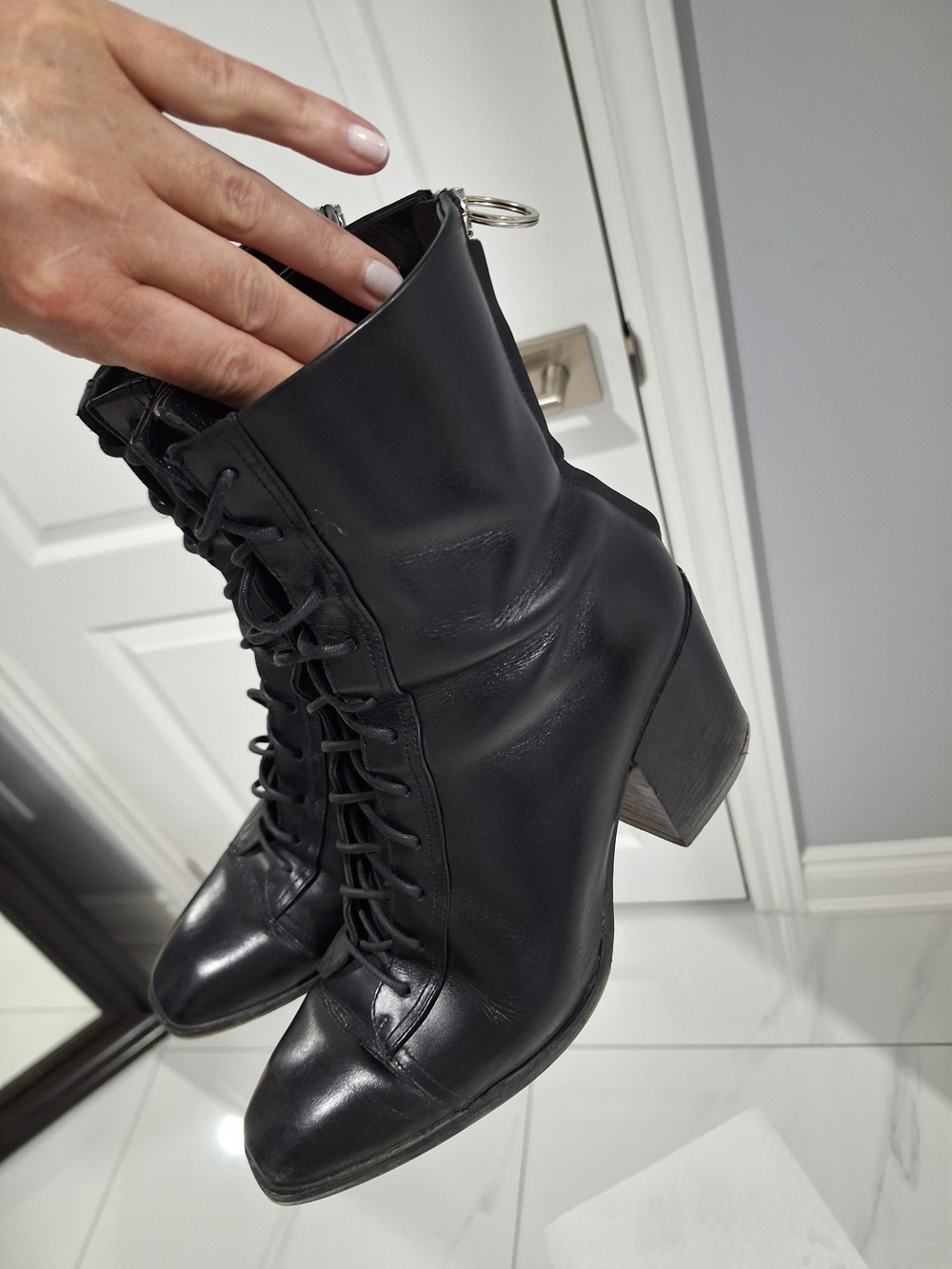 Women's Black Lace-Up Leather Ankle Boots with Block Heel